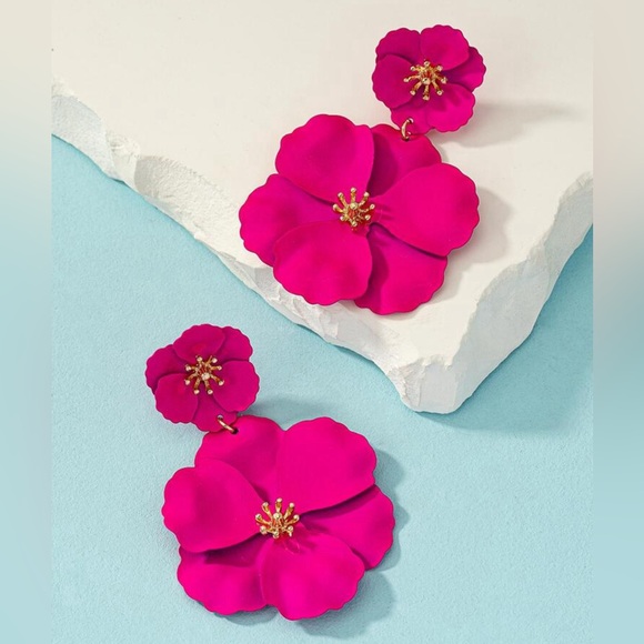 Hot Pink Flower Drop Earrings - Picture 2 of 6